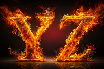 Bright Realistic Fire Flames in Y Z 1 2 Shape - Hot Font Minimalist Stock Photo