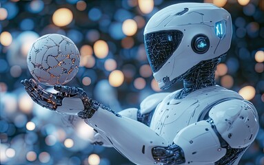 Futuristic humanoid robot holding a glowing orb in a vibrant digital landscape with floating lights