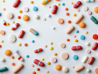 Various colorful medication and pills scattered.