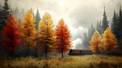 Fototapeta premium Autumn train journey through misty forest. Peaceful fall landscape. Ideal for travel, nature posters