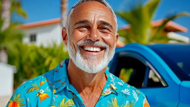 Man with a big smile on his face is wearing a blue shirt with a flower pattern. He is standing next to a blue car