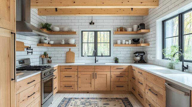 A Scandinavian kitchen with light pine wood cabinets and white tiled walls.