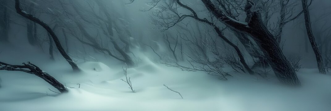 Blizzard engulfing a frozen forest, with snow-covered branches and howling winds