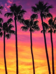 Obraz premium Silhouetted Palm Trees at Vivid Sunset Sky