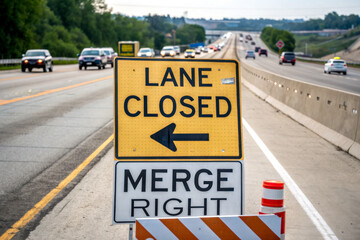 A road sign indicates a lane closure, directing drivers to merge right, while traffic moves along the highway.
