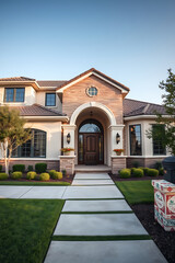 Luxury Home Exterior: Modern Brick House with Elegant Design and Landscaping