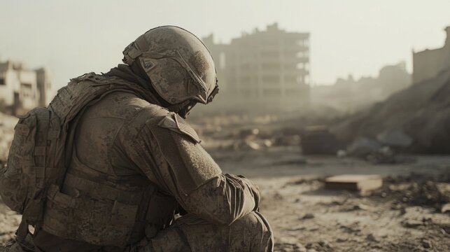 Soldier sits alone, covered in dust, amidst war-torn city ruins.