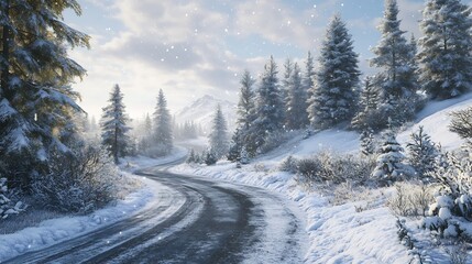 Snowy Winter Road Winding Through a Picturesque Mountain Forest