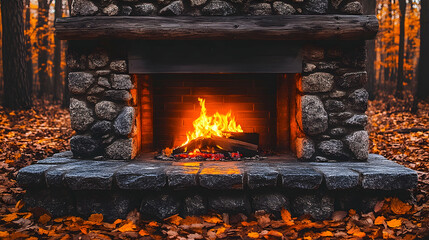 Autumnal outdoor stone fireplace with burning wood, forest background; cozy autumn scene