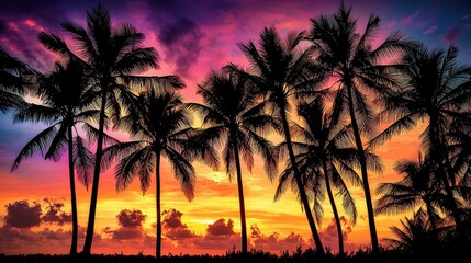 Silhouetted Palm Trees at a Vibrant Sunset
