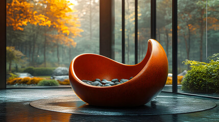 Autumnal room, orange stone bowl, zen garden view, peaceful scene, interior design