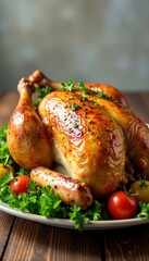 Golden-brown roasted turkey, herb & veggie garnish, fall, high-resolution