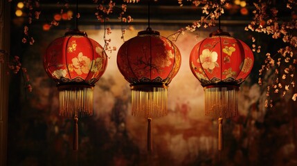 Handmade red lanterns with traditional Chinese patterns and golden tassels hanging against a festive backdrop.