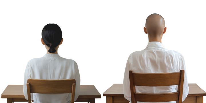 Set of a, A woman sits at the desk, with her back to us and wearing white, isolated on a transparent background.