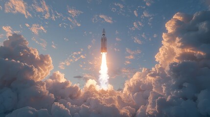 Space tourism offers cosmic adventures through space travel. Rocket launching through a dramatic sky filled with clouds.