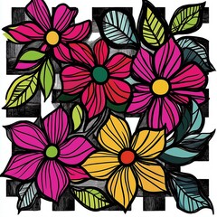 Colorful floral design with vibrant flowers and leaves set against a black and white checkered background