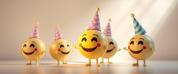 Happy Birthday Greeting Card Design with Cute Smiley Emoji, Party Hat, and Gift Elements for Invitation with smoke background