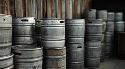 Stacked stainless steel kegs against wooden wall.