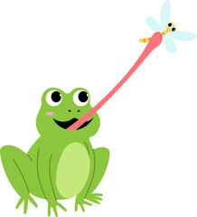 Smiling funny frog catching dragonfly for food cartoon illustration