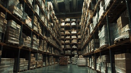 Fototapeta premium Spacious Warehouse Interior With Tall Racking Systems Displaying Stacked Pallets in Business Environment. Interior of a large warehouse features high racking systems filled with neatly stacked pallet