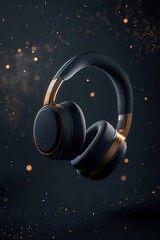 Luxurious headphones feature a sleek matte black finish with gold accents, illuminated by soft glowing edges