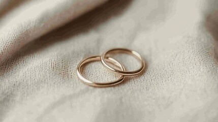 Two simple gold wedding bands rest on beige fabric.