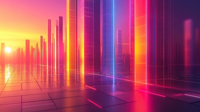 3D glowing bar graph with vibrant neon colors and shadows, set against a sleek digital background 