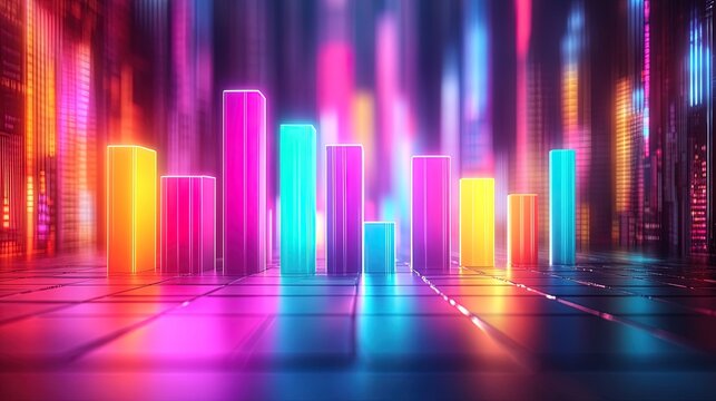3D glowing bar graph with vibrant neon colors and shadows, set against a sleek digital background 