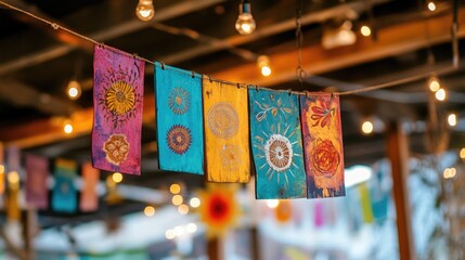 Sustainable New Year decor featuring upcycled wood, hand-painted designs, and fabric banners.