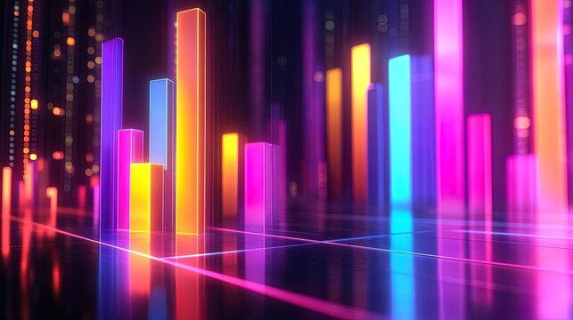 3D glowing bar graph with vibrant neon colors and shadows, set against a sleek digital background 