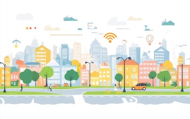 Fototapeta premium Colorful cityscape illustration showcasing urban life with trees, buildings, and people interacting