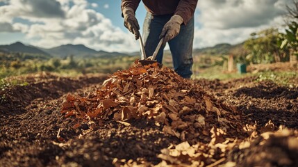 80.A detailed view of a farmer spreading dried leaves onto a compost pile in a spacious rural field, with the earthy materials and agricultural tools creating a naturalistic and sustainable