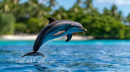 Obraz premium Playful Dolphin Leaping from Ocean Water near Tropical Island Beach
