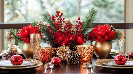 DIY Chinese New Year table centerpieces using gold-painted pinecones, red flowers, and festive candles.