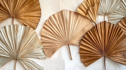 44.Fan-shaped dried palm tree leaves in varying shades of brown, carefully arranged to form a frame on a light background, with textures and details highlighted by soft lighting.
