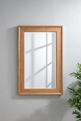 Fototapeta premium Rectangular Wooden Framed Mirror Reflecting Light on Light Gray Wall