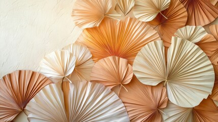 42.Overlapping dried tropical palm leaves with fan-like shapes, arranged as a border, showcasing intricate textures and warm hues, with a clean background enhancing the composition.