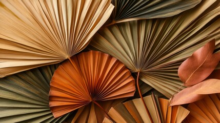 42.Overlapping dried tropical palm leaves with fan-like shapes, arranged as a border, showcasing intricate textures and warm hues, with a clean background enhancing the composition.