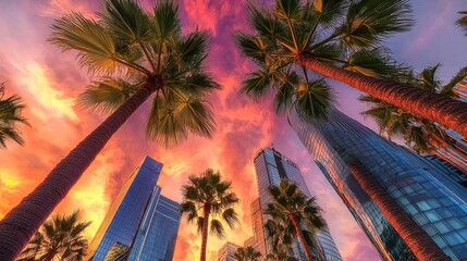 Fototapeta premium Skyscrapers Palm Trees Sunset Cityscape Vibrant Colors