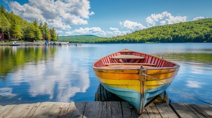 Obraz premium Bow of a wooden boat. Colorful wooden boat moored on the pier. Yellow boat on a summer day. Front view of wooden boat ship bow head nose. Travel photo, nobody