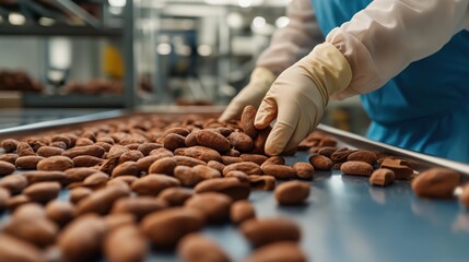 Sorting cocoa beans for quality control chocolate factory industrial process work environment close-up food production