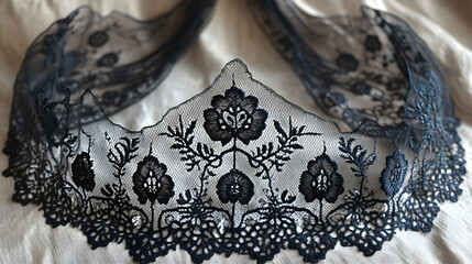 Obraz premium Black floral lace trim on beige fabric background; craft, fashion, textile