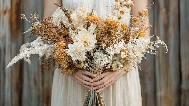 8.Hands carefully holding an elegant dried flower arrangement, showcasing a blend of soft neutral colors and natural textures, set against a rustic wooden surface for a creative, artisan feel.