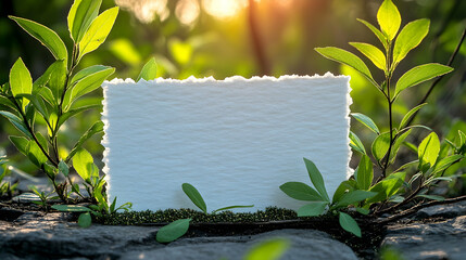 Blank paper note in forest, sunlight, nature background; perfect for invitations, announcements