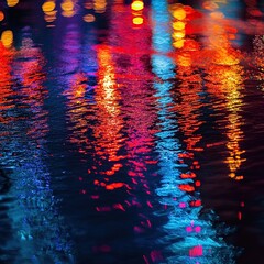 Vivid colorful light reflections on wet surface at night.