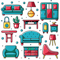 Colorful retro furniture and home decor icons. (1)