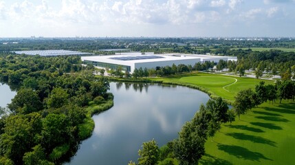 Fototapeta premium Modern building by a lake, green landscape. Aerial view. Use Real estate, architecture