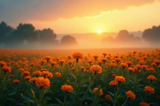 Softly lit marigold field with misty atmosphere, softly lit, sunset