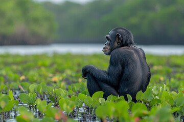 A chimpanzee sitting peacefully near a body of water in the wild