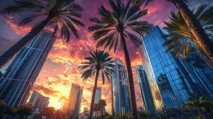 Sunset Cityscape with Palm Trees and Skyscrapers